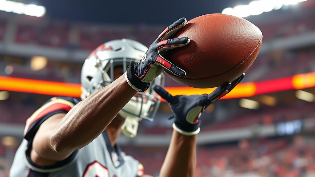 Professional football receiver making an athletic one-handed catch, wearing custom grip gloves, ball clearly visible in hands mid-catch, bright stadium lighting, dynamic action shot