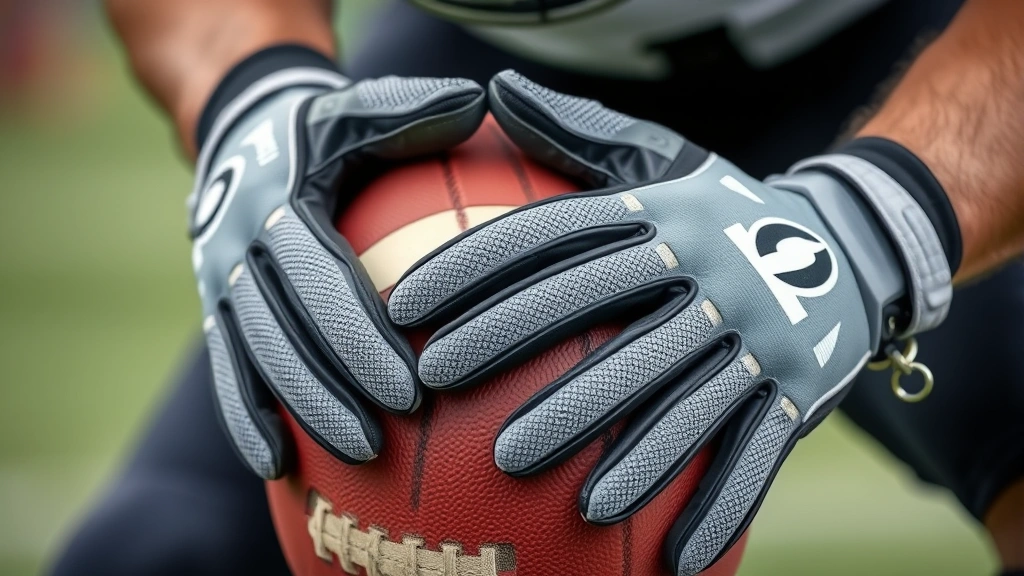 Close-up of football player's hands wearing custom gloves during practice drill, showing grip texture and palm surface detail, fingers articulating around football, intense focus expression