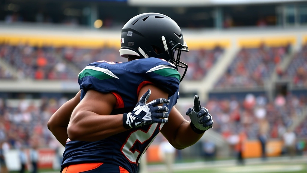 Football defensive back in coverage position, custom gloves visible, athletic stance during game situation, confident body language, stadium background slightly blurred
