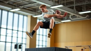 Male college football player performing explosive box jump in modern gym facility, athletic wear, focused expression, dynamic movement captured mid-air with proper form