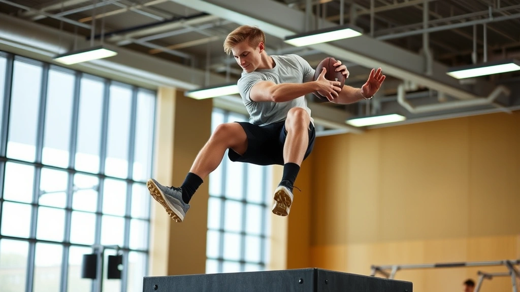 Male college football player performing explosive box jump in modern gym facility, athletic wear, focused expression, dynamic movement captured mid-air with proper form