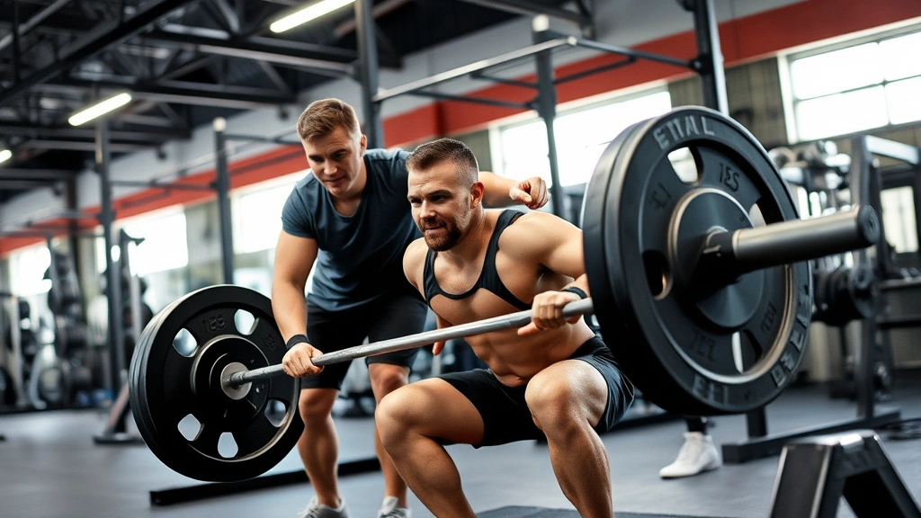 Strength and conditioning coach spotting athlete during heavy barbell squat exercise, professional gym environment, demonstrating proper technique and form coaching