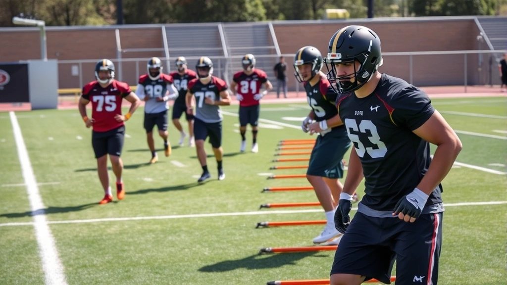 Team of football players performing agility ladder drills on field during high-intensity conditioning session, multiple athletes in athletic stance, focused determination, outdoor practice facility