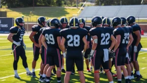 High school football players in team huddle during practice session, showing athletic teamwork and preparation, outdoor football field with green grass, players in dark uniforms, focused expressions, daytime lighting