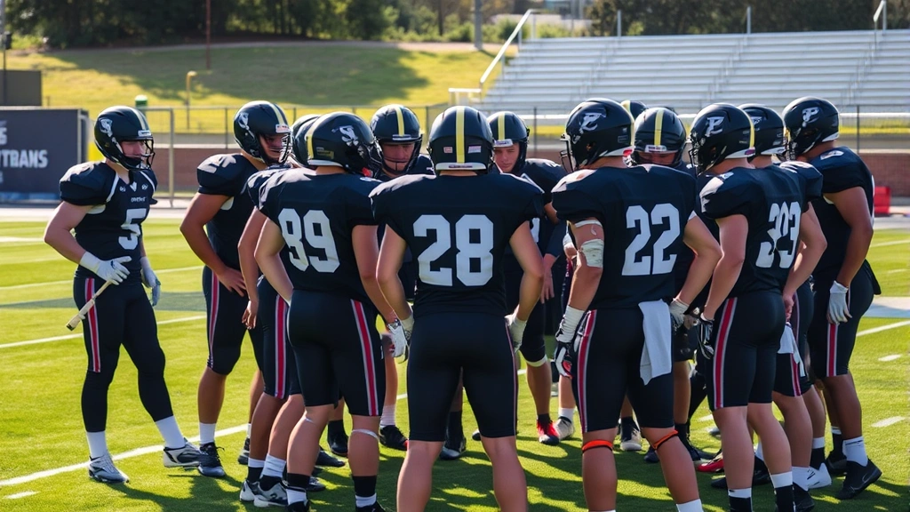 High school football players in team huddle during practice session, showing athletic teamwork and preparation, outdoor football field with green grass, players in dark uniforms, focused expressions, daytime lighting