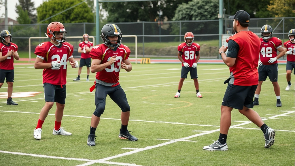 Young athletes in football gear demonstrating proper form and technique during organized training session, football field background, coaching instruction, athletic development focus, photorealistic action shot