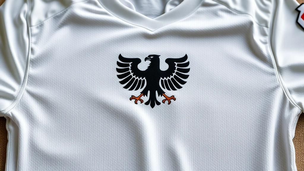 Close-up of authentic white Deutschland football jersey with black eagle crest, professional athletic fabric texture visible, studio lighting, no text or logos visible, flat lay on neutral background