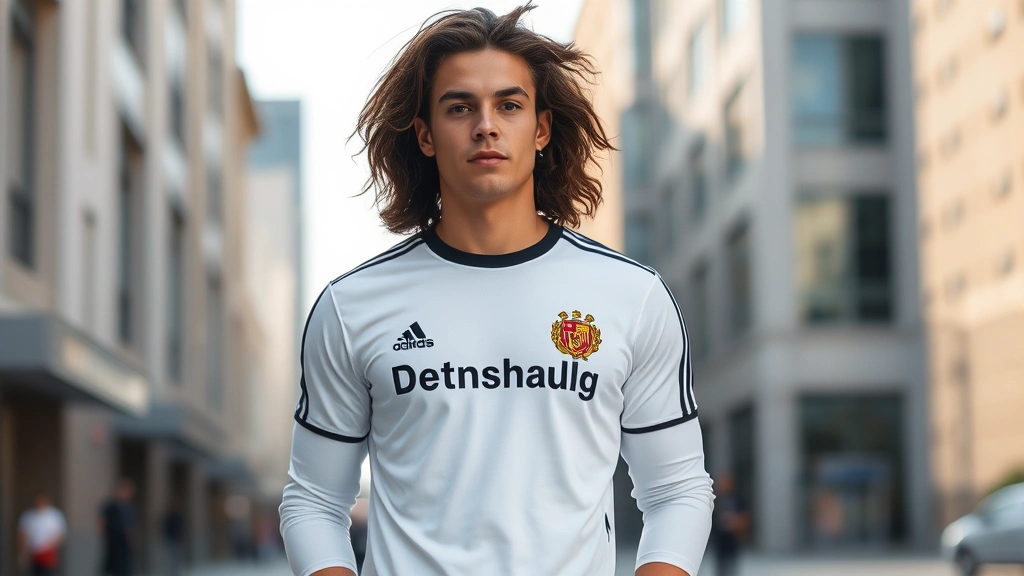 Young athletic person wearing classic white Deutschland football jersey layered over long-sleeved thermal shirt, casual confident pose in urban setting, natural daylight, showing proper fit and styling