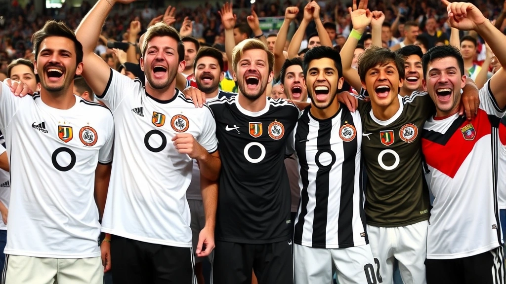 Diverse group of passionate football fans wearing different Deutschland jerseys—home white, away black, and vintage versions—together in stadium atmosphere, celebrating team spirit, dynamic energy