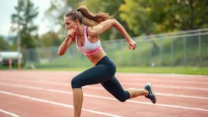 Athletic woman performing explosive sprint workout on outdoor track, intense effort, sweat visible, dynamic motion, professional fitness setting, natural daylight, muscular definition
