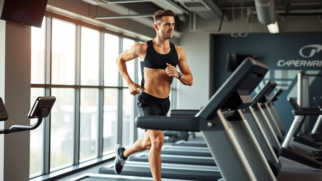 Fit male athlete running on treadmill in modern gym, focused expression, cardio training, professional equipment, proper form, athletic wear, intense cardiovascular workout