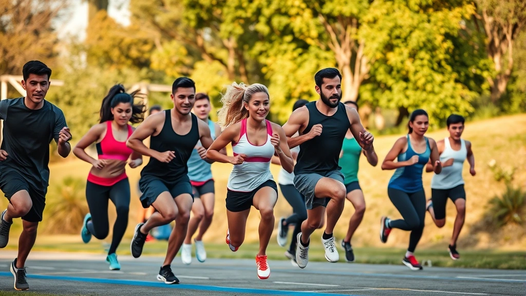 Group of diverse athletes doing interval training circuit outdoors, jumping and sprinting exercises, teamwork atmosphere, fitness conditioning, natural lighting, high energy movement