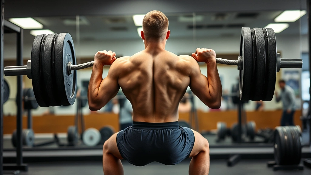 Fit male athlete doing barbell back squats with perfect form, powerful leg drive, concentrated face, loaded barbell, gym setting with mirrors, professional photography