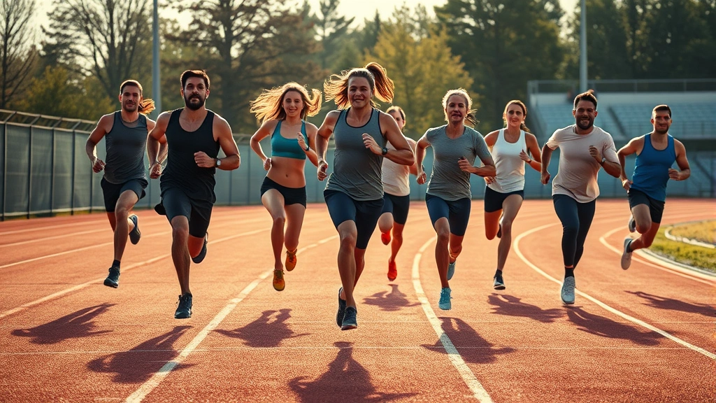 Group of diverse people doing high-intensity interval training sprints on outdoor track, intense effort, athletic wear, morning sunlight, motion blur showing speed, motivational energy