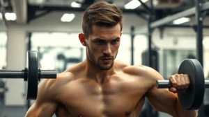 Young male football player in intense training session performing explosive power exercises in professional weight room with modern equipment, focused determination on face, athletic physique, dynamic movement captured mid-exercise