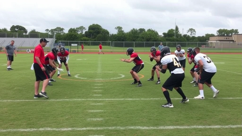 High school football players executing team drills on grass field during practice, multiple athletes in formation demonstrating coordination and discipline, coach directing from sideline, overcast sky, authentic training environment
