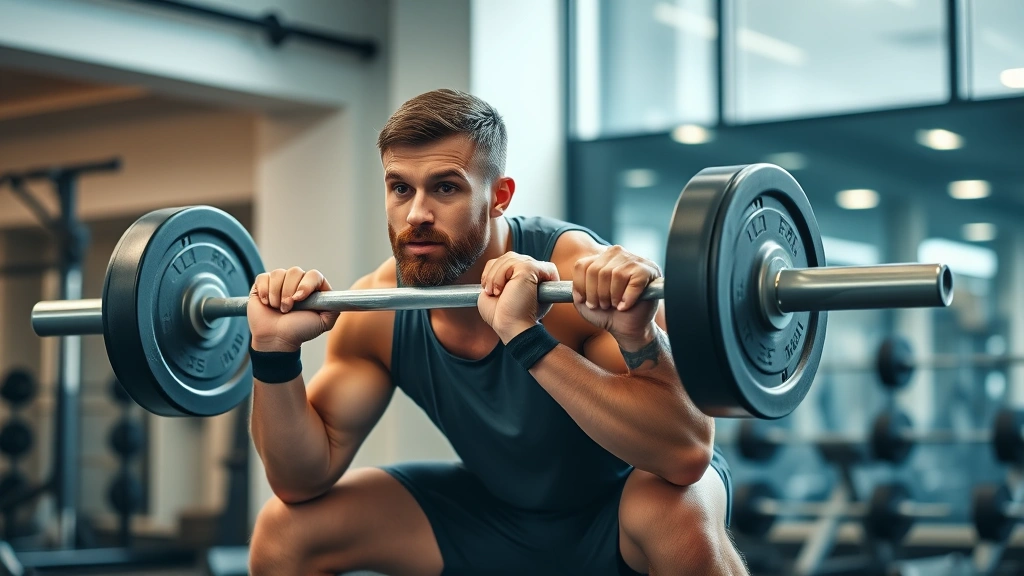 Athletic male football player performing barbell squat with perfect form in modern gym, intense focused expression, professional lighting, photorealistic