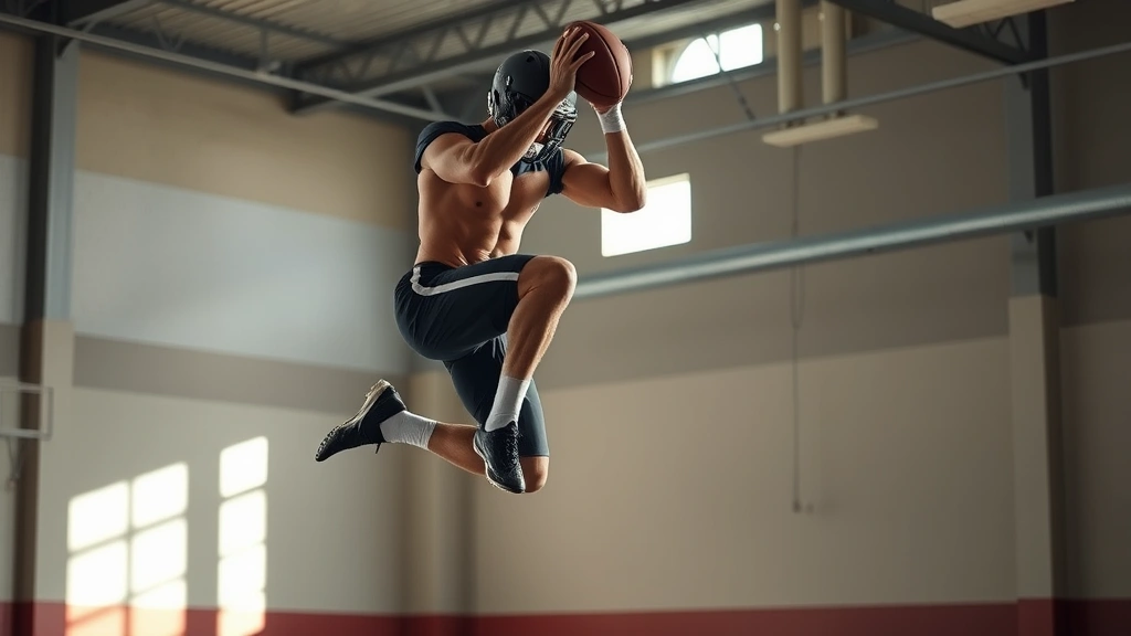 College football player executing explosive vertical jump training, athletic build, dynamic movement captured mid-air, bright natural gym lighting, detailed musculature visible