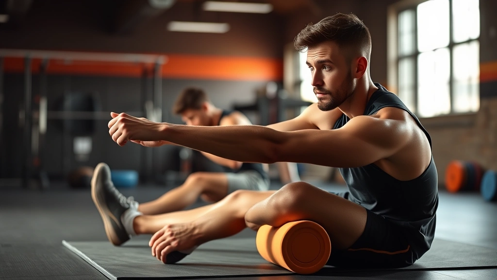 Diverse male athlete stretching and foam rolling for recovery in professional training facility, post-workout mobility work, calm focused expression, warm lighting