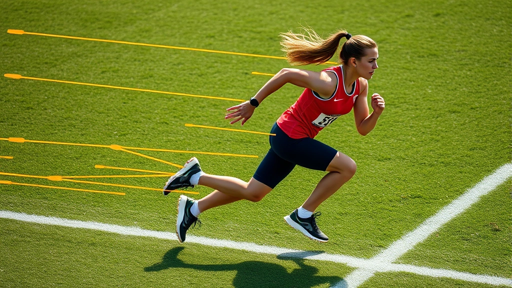 Female athlete performing high-speed sprint acceleration drill on grass field with athletic performance measurement technology visible, dynamic motion capture, professional sports photography