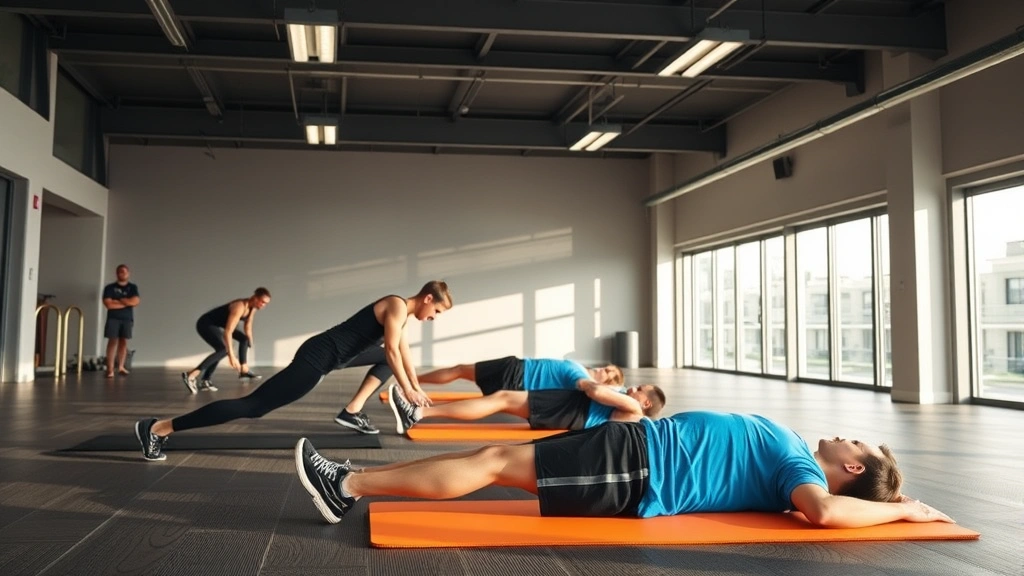 Elite athletes performing recovery and mobility work including stretching and foam rolling in modern recovery facility with natural lighting, team environment