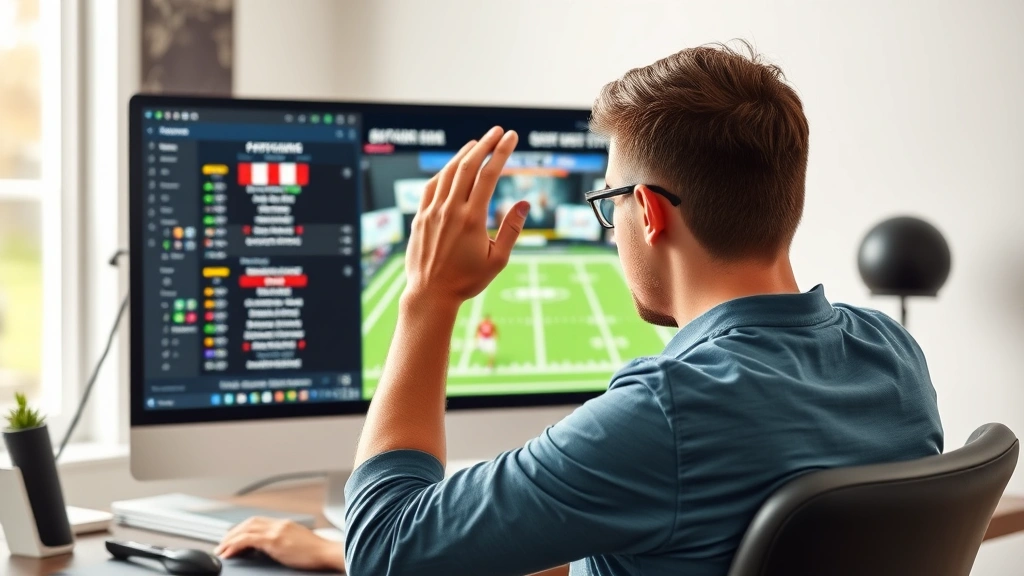 Person at computer during fantasy football draft looking shocked and regretful, hands on head in disbelief, modern home office background, bright natural lighting
