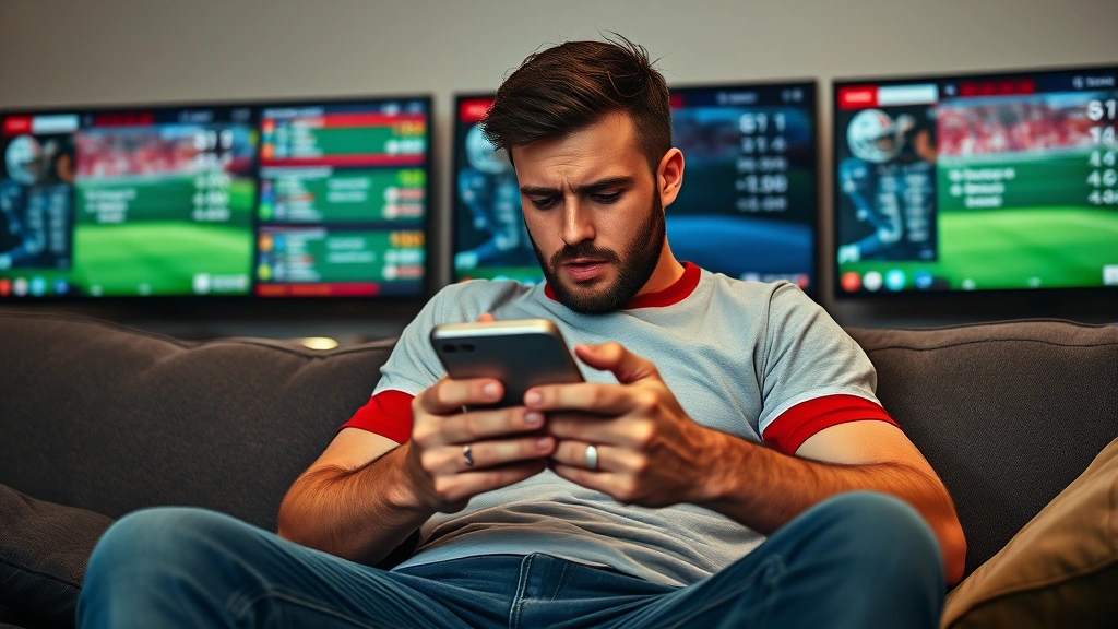 Fantasy football player sitting on couch checking phone with devastated expression, multiple screens showing sports statistics in background, realistic emotional distress captured authentically