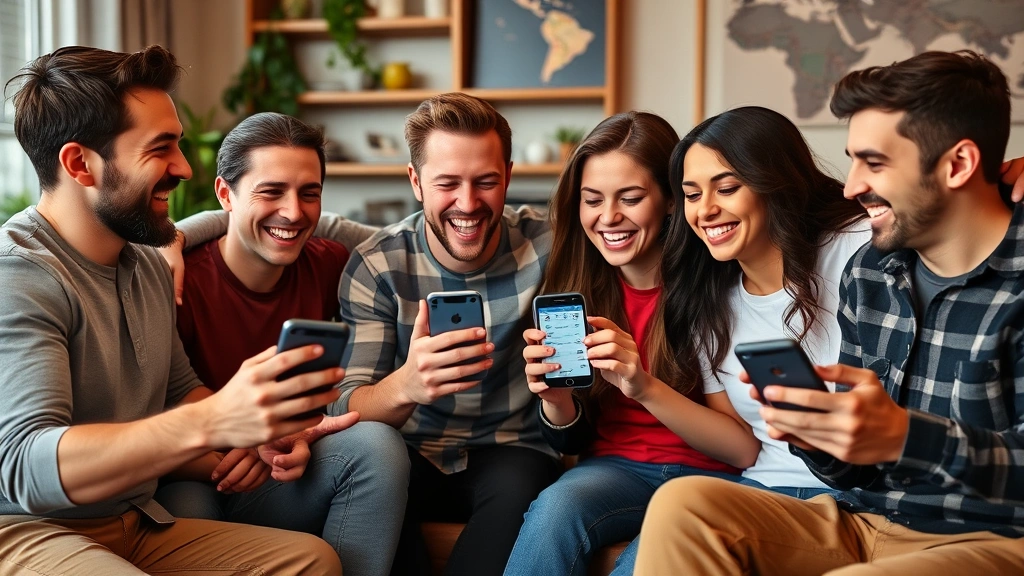 Group of friends laughing together while looking at phone screens showing fantasy football league standings and trades, casual living room setting, genuine joy and camaraderie