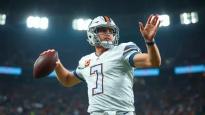 Athletic male quarterback throwing football during professional NFL game, stadium lights bright, dynamic action shot, player in white uniform mid-release