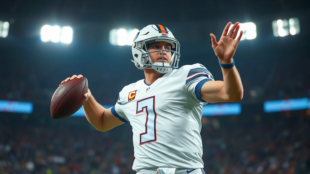 Athletic male quarterback throwing football during professional NFL game, stadium lights bright, dynamic action shot, player in white uniform mid-release
