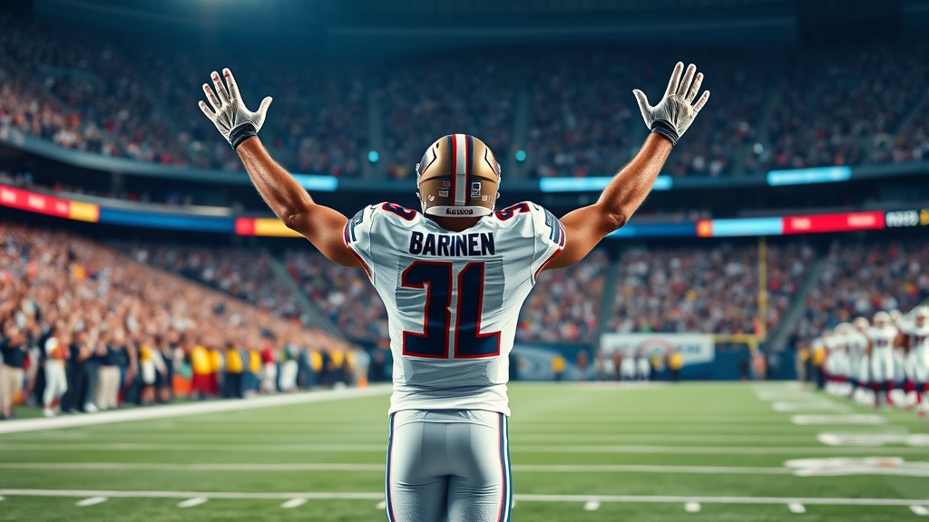 Wide receiver celebrating touchdown in end zone during NFL game, arms raised victoriously, crowd blurred in background, vibrant stadium atmosphere