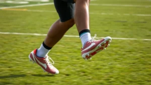 Professional athlete wearing lightweight flag football cleats performing explosive lateral cut on grass field, mid-motion blur, athletic stance, clear cleat studs visible