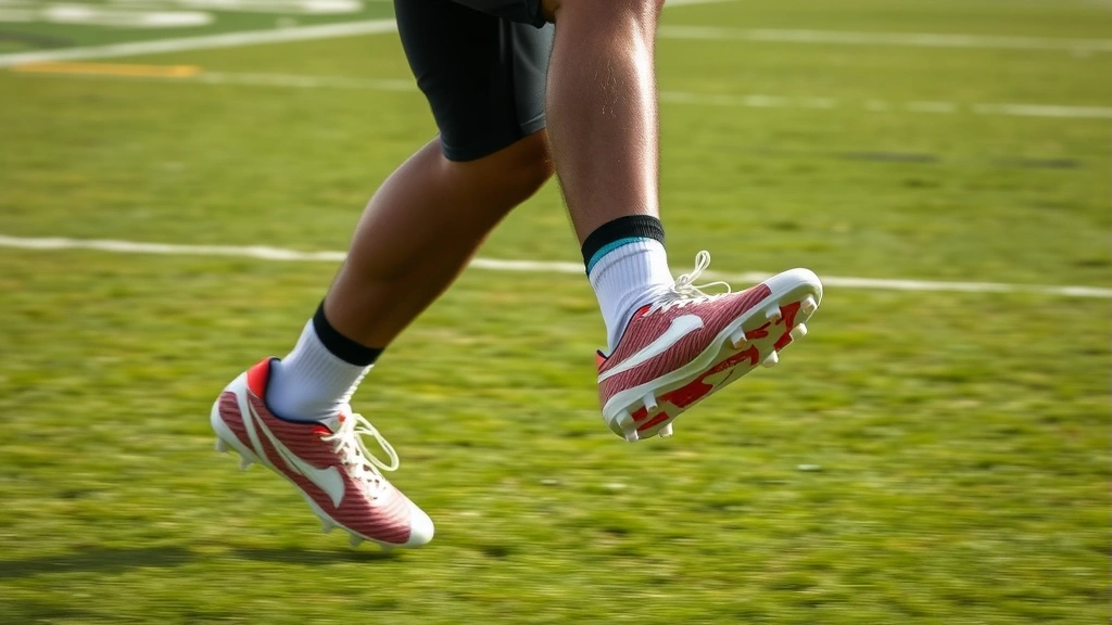 Professional athlete wearing lightweight flag football cleats performing explosive lateral cut on grass field, mid-motion blur, athletic stance, clear cleat studs visible