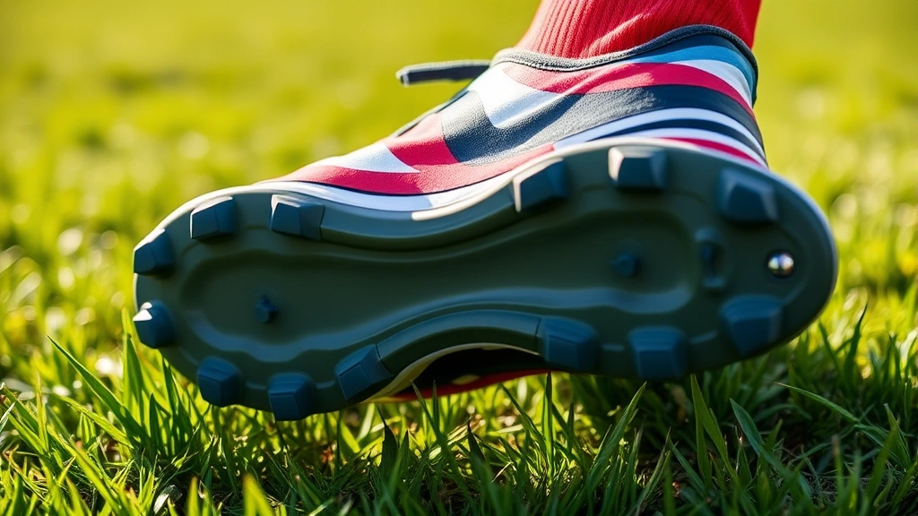 Close-up detail shot of premium flag football cleat sole showing multi-stud configuration against natural grass, sunlit background, emphasizing traction technology