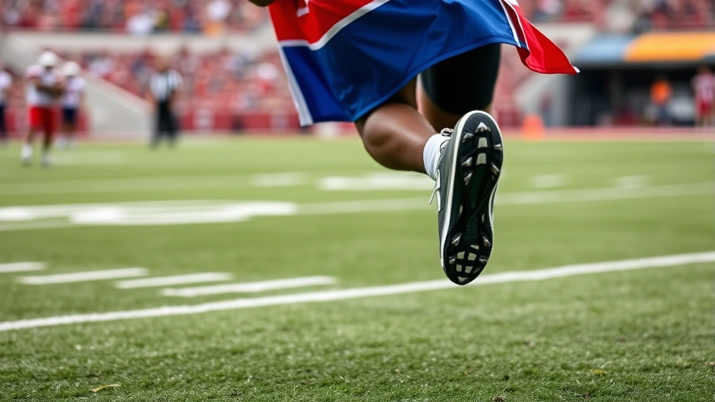 Flag football player sprinting downfield wearing high-performance cleats, dynamic action shot, blurred stadium background, showcasing speed and agility in competitive game setting