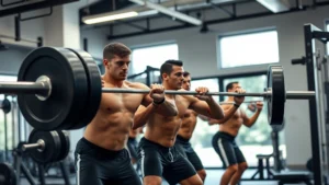 Professional college football players performing explosive barbell exercises in modern strength training facility with state-of-the-art equipment, dynamic movement captured mid-rep, athletic intensity and focus visible