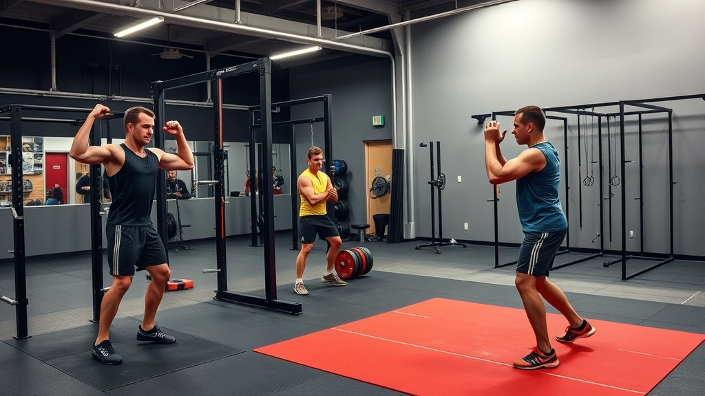 Comprehensive athletic performance testing station showing strength and agility assessment, athletes demonstrating movement quality and explosive capability in controlled training environment, professional sports science setup