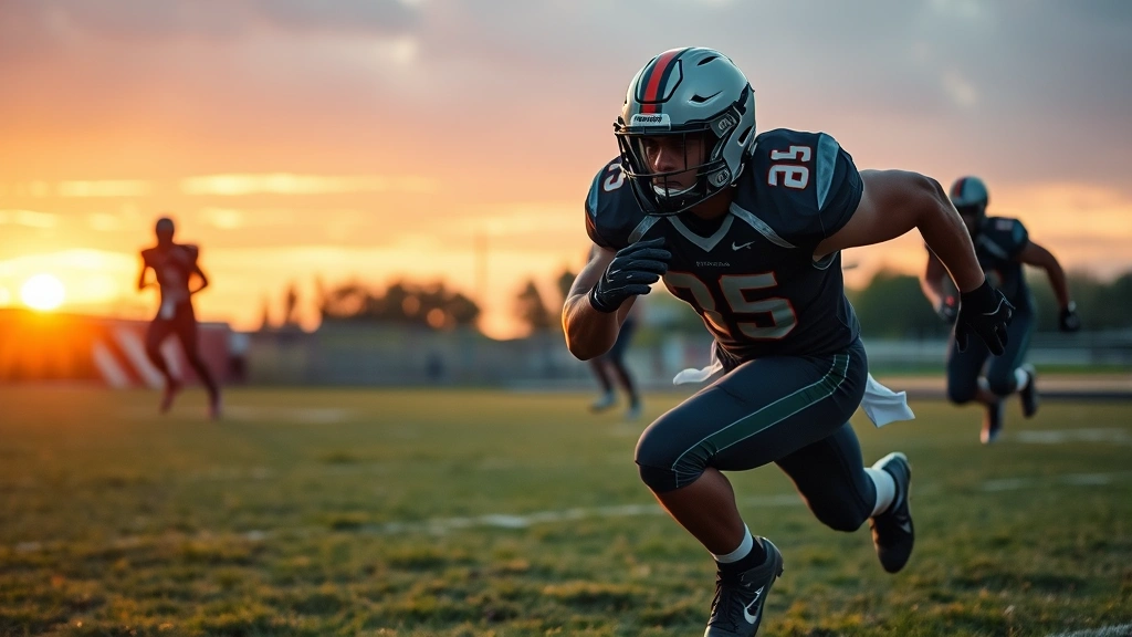 Professional football player in full gear performing high-intensity sprint drill on grass field during sunset, muscles engaged, intense focus, athletic physique, realistic lighting
