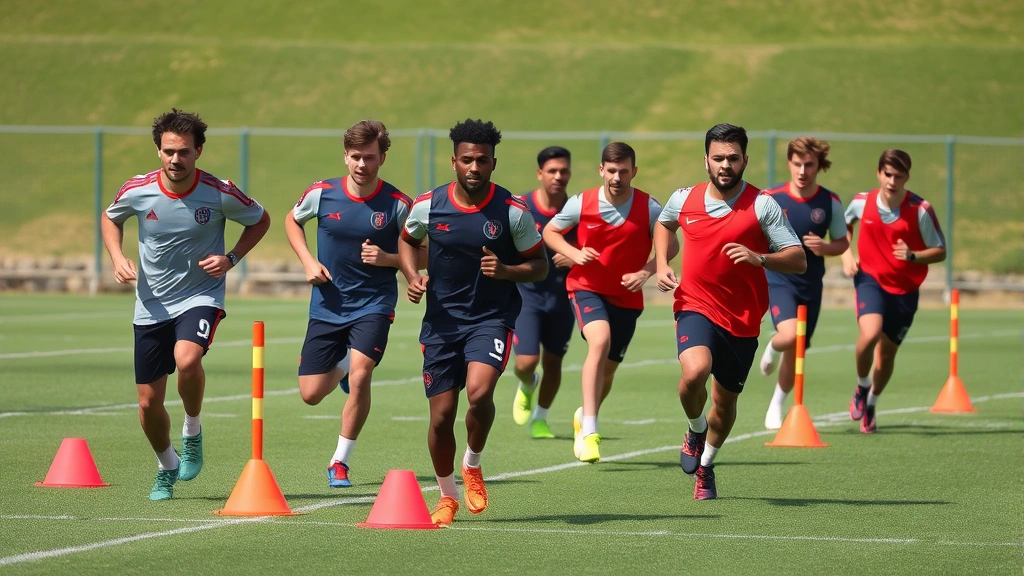Team of football athletes performing synchronized high-intensity interval training with agility cones and shuttle runs on practice field, sweat visible, determined expressions, natural daylight