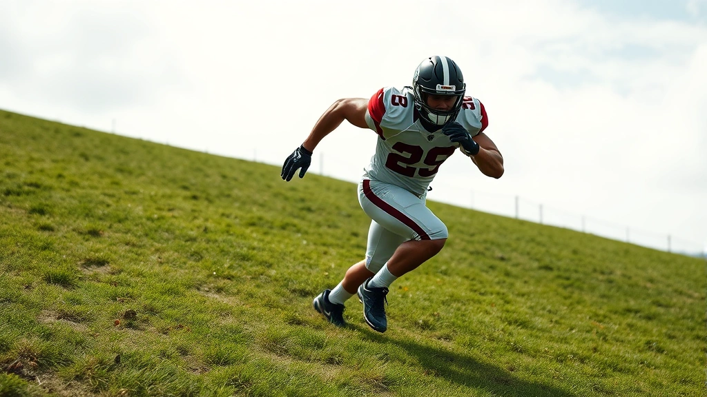 Muscular football defensive player performing hill sprint drill uphill on grass, powerful leg drive, explosive movement, realistic athletic effort, professional stadium background