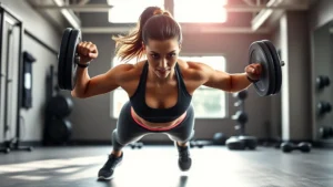 Athletic woman performing explosive burpee exercise in modern bright gym with weights visible, sweat droplets mid-motion, intense focused expression, professional fitness photography