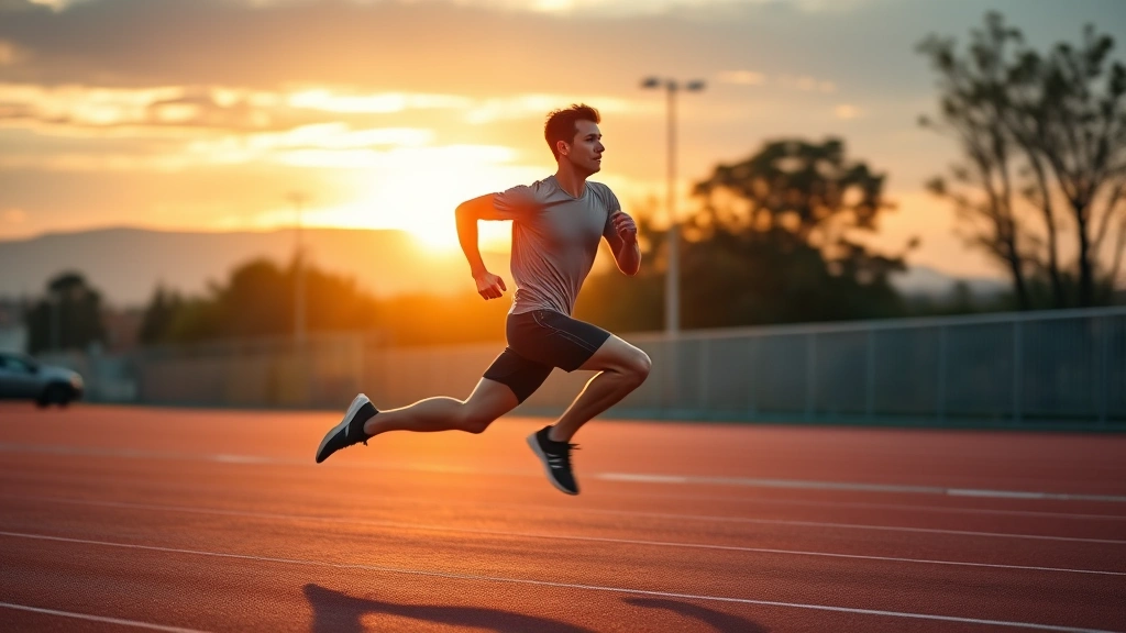 Fit male athlete sprinting full speed on outdoor track at sunset, muscular legs in perfect running form, dynamic motion blur background, professional sports action shot