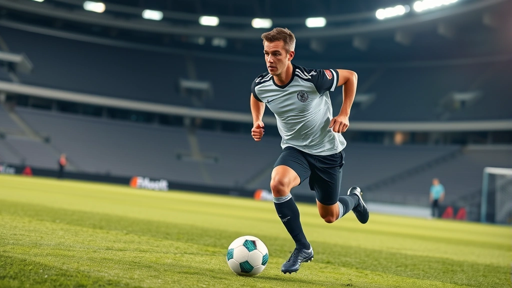 Athletic male soccer player sprinting with ball across green field in dynamic action, wearing professional kit, sweat visible, intense focused expression, professional stadium lighting