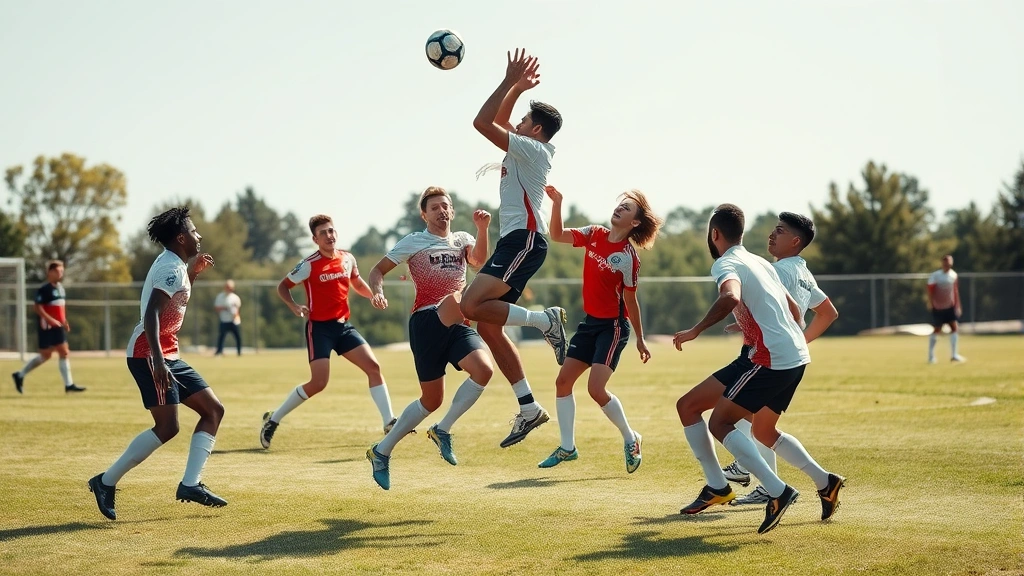 Group of fit male athletes playing soccer match on grass field, multiple players jumping for header, dynamic movement captured mid-play, bright daylight, competitive intensity evident