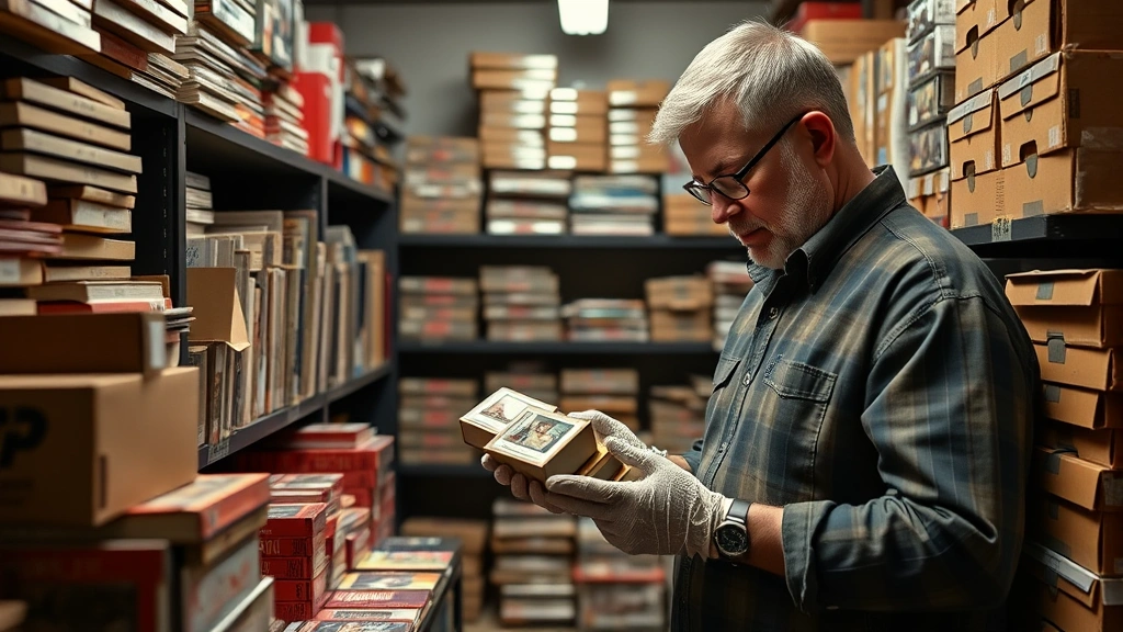 Professional sports card collector carefully examining vintage football card boxes in climate-controlled storage room with organized shelving, holding cards with protective gloves, focused expression studying rare collectible boxes