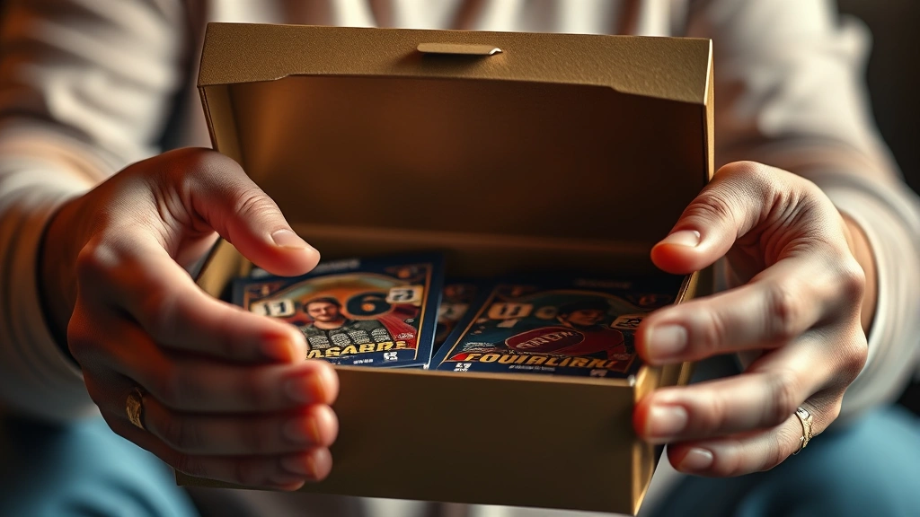 Close-up of hands opening premium football card box with excitement, packs of cards visible inside, luxury packaging materials, warm lighting highlighting the premium product quality and anticipation