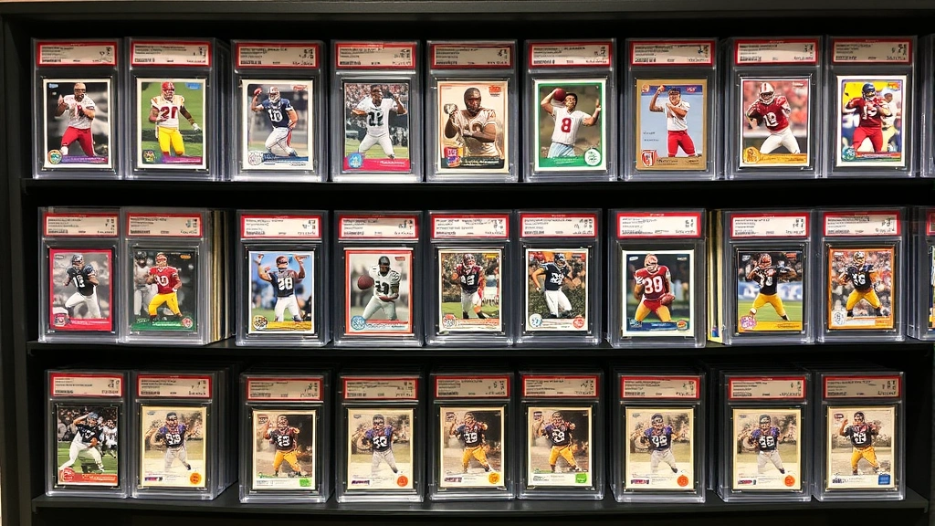 Organized collection display of professionally graded football cards in protective cases arranged on display shelf, various card grades and types visible, proper lighting showcasing card condition and rarity