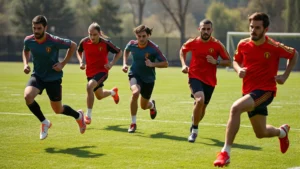 Professional football players performing high-intensity sprint training on outdoor pitch, explosive acceleration captured mid-stride, intense focus and athletic power displayed, bright daylight conditions with natural grass field