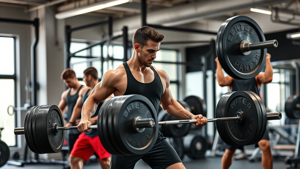 Elite athletes executing strength training with barbells and weights in modern sports facility, focused intensity during lower-body compound movement, professional gym environment with natural lighting, muscular development and power training emphasized