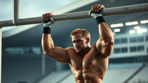 Athletic football player performing explosive pull-ups on goal post crossbar, muscular physique, intense focus, outdoor stadium setting with dramatic lighting, mid-action shot showing full body engagement